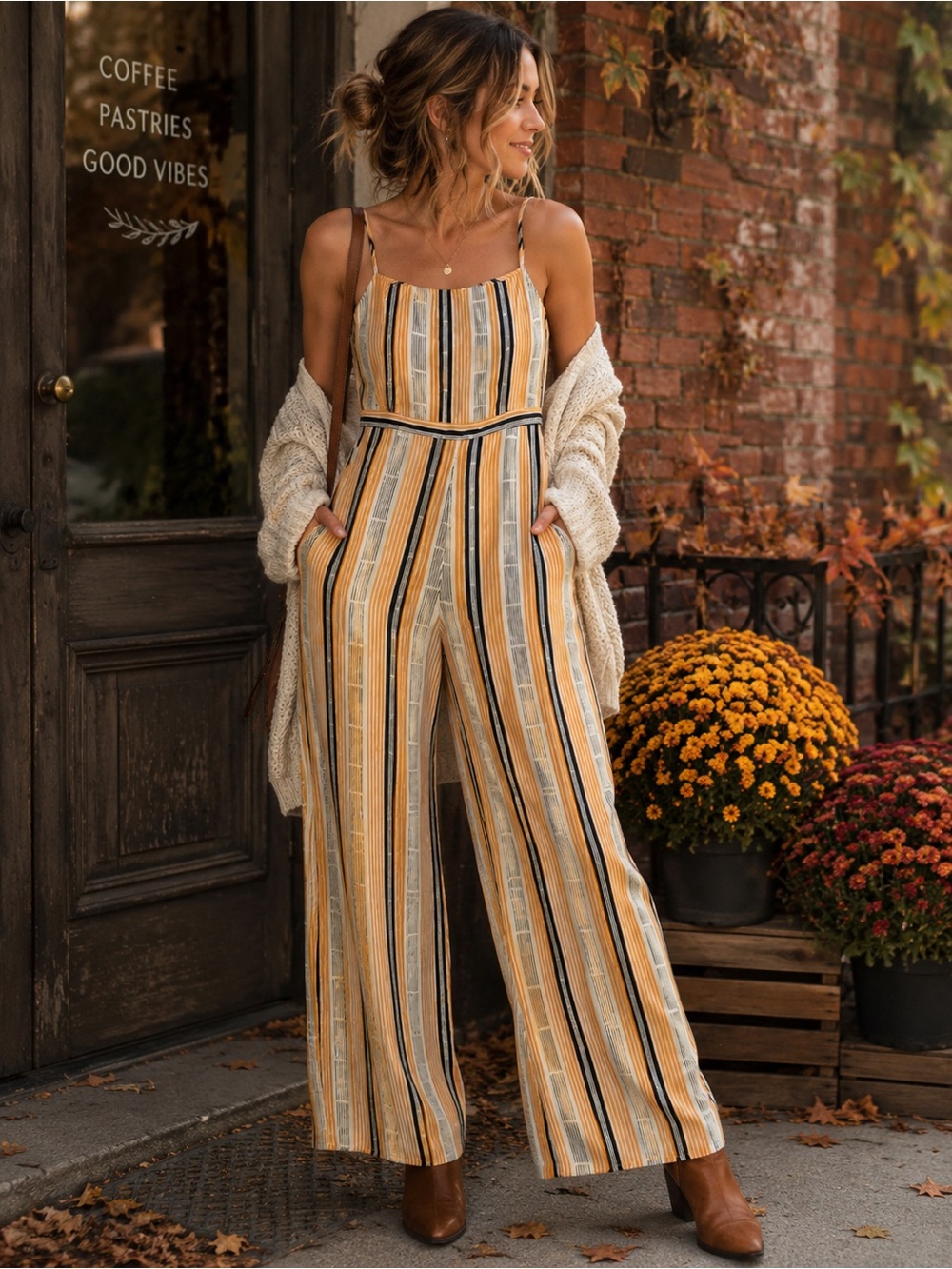 Forever 21 Yellow and White Striped Wide-Leg Jumpsuit